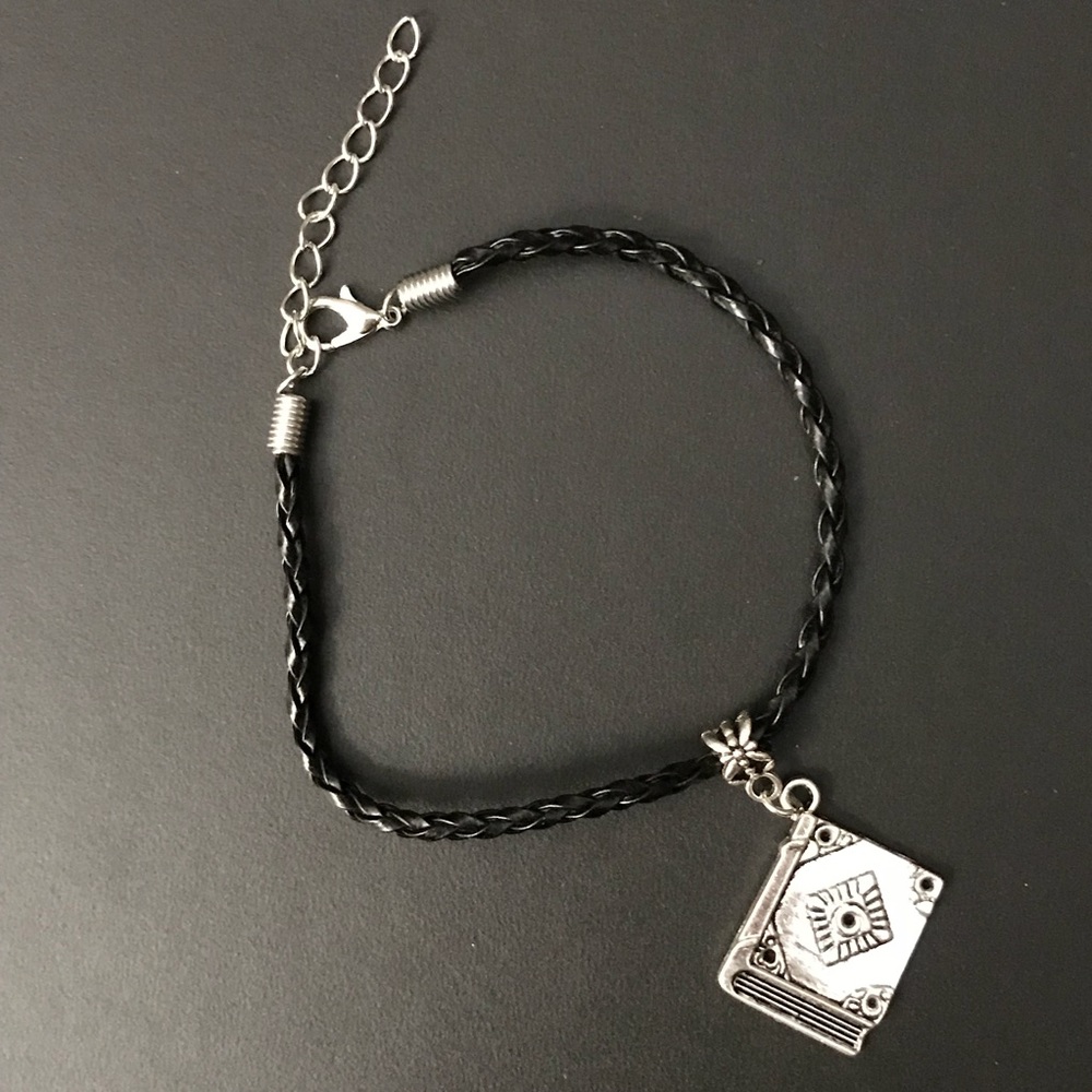 Black Braided Leather Book Charm Bracelet